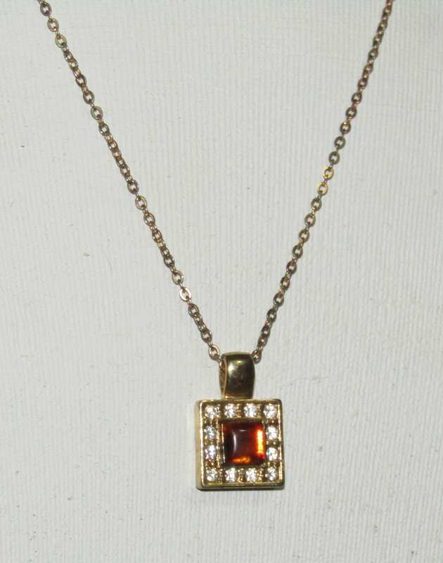 Vintage Gold Tone Square Pendant Necklace with Amber and Clear Crystal Stones