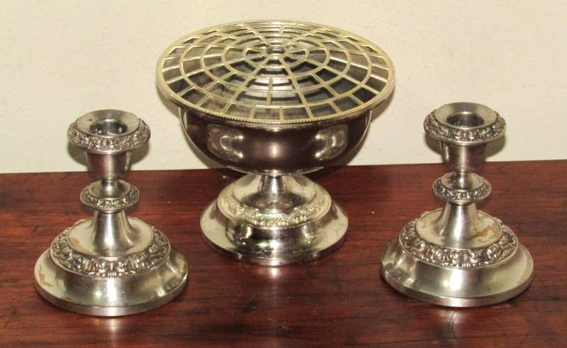 Vintage IANTHE of England Silver Plated Candlestick Holders and Silver Plated Rose Bowl