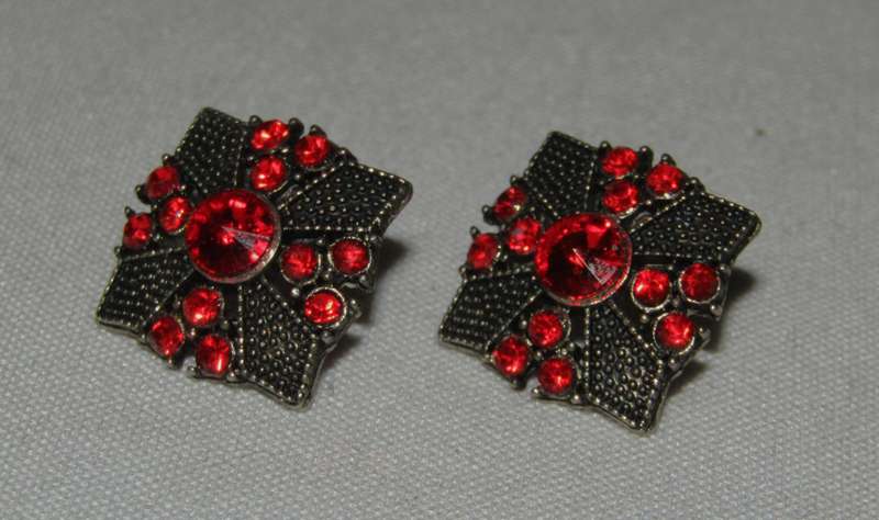 Vintage Antique Silver-Tone and Red Rhinestone Cross Earrings