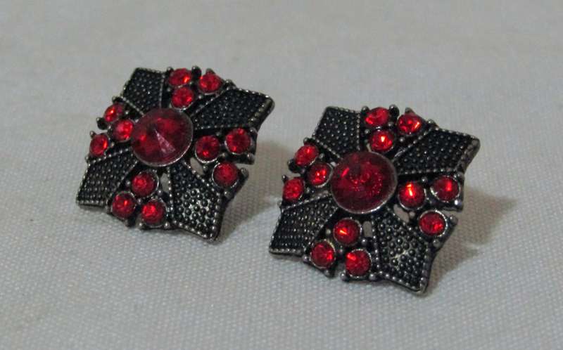 Vintage Antique Silver-Tone and Red Rhinestone Cross Earrings