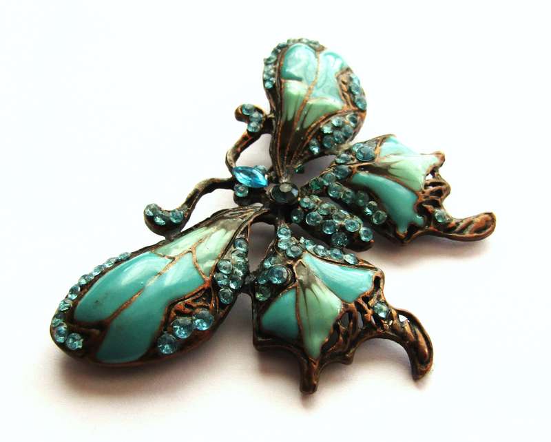 Vintage Copper-Tone and Blue Enamel Butterfly Brooch Pin
