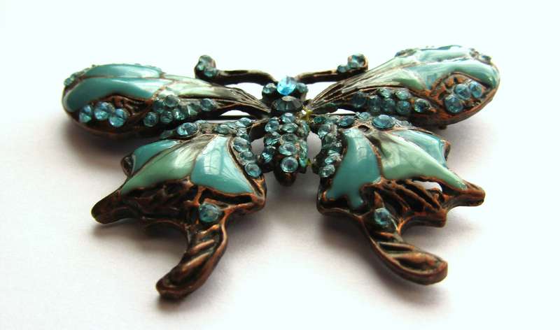Vintage Copper-Tone and Blue Enamel Butterfly Brooch Pin