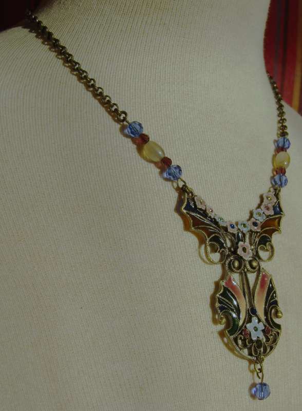 Vintage Victorian Style Gilt Metal Plique-à-Jour Necklace with Glass Beads & Rhinestones