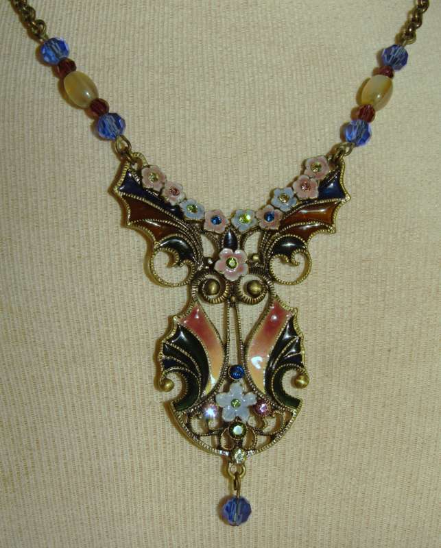Vintage Victorian Style Gilt Metal Plique-à-Jour Necklace with Glass Beads & Rhinestones