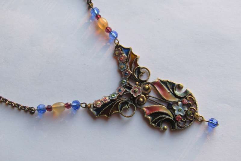 Vintage Victorian Style Gilt Metal Plique-à-Jour Necklace with Glass Beads & Rhinestones
