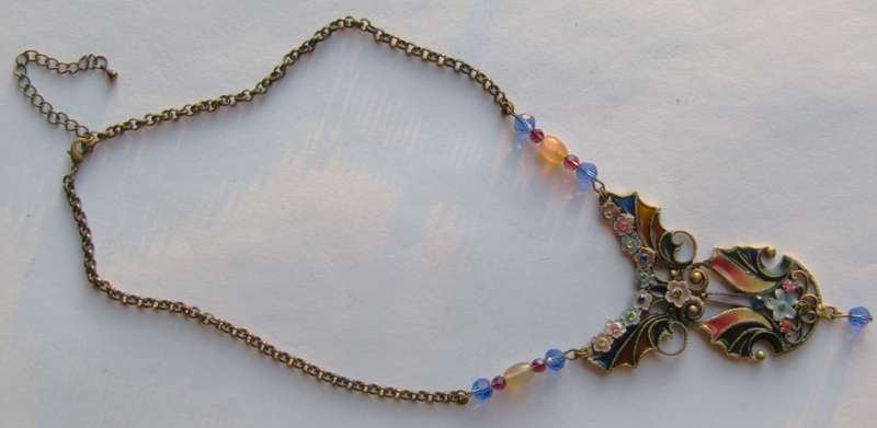 Vintage Victorian Style Gilt Metal Plique-à-Jour Necklace with Glass Beads & Rhinestones