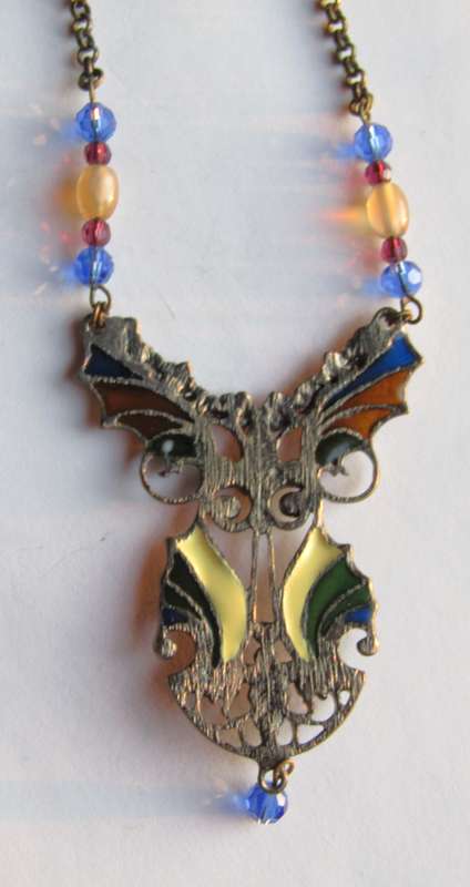 Vintage Victorian Style Gilt Metal Plique-à-Jour Necklace with Glass Beads & Rhinestones