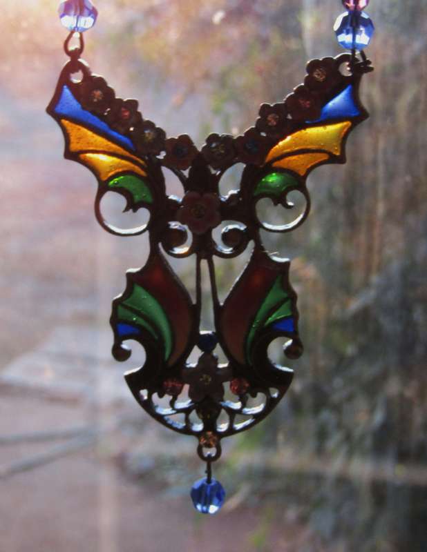 Vintage Victorian Style Gilt Metal Plique-à-Jour Necklace with Glass Beads & Rhinestones