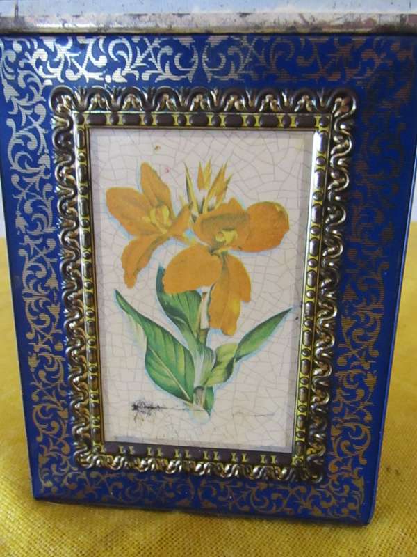 Antique, Cobalt Blue and Gold Tea Caddy Tin with Botanical Sketches