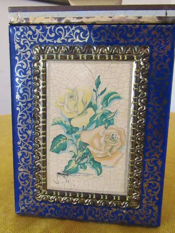 Antique, Cobalt Blue and Gold Tea Caddy Tin with Botanical Sketches