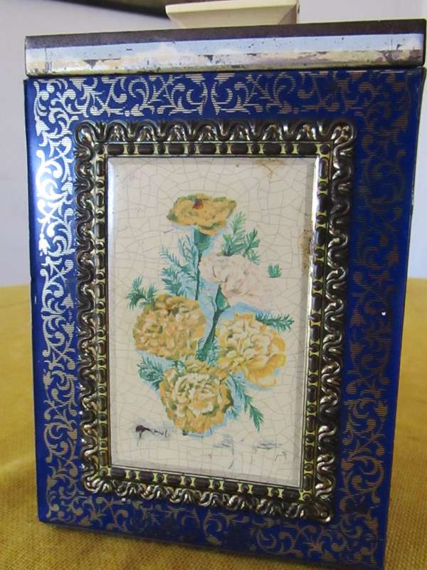Antique, Cobalt Blue and Gold Tea Caddy Tin with Botanical Sketches