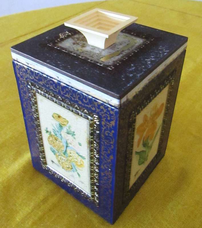 Antique, Cobalt Blue and Gold Tea Caddy Tin with Botanical Sketches