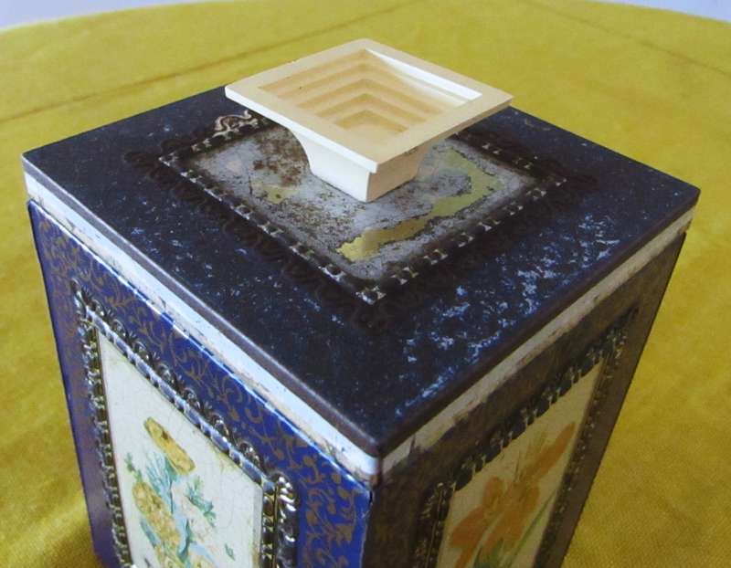 Antique, Cobalt Blue and Gold Tea Caddy Tin with Botanical Sketches