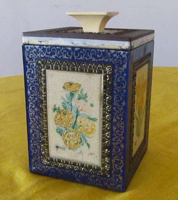 Antique, Cobalt Blue and Gold Tea Caddy Tin with Botanical Sketches