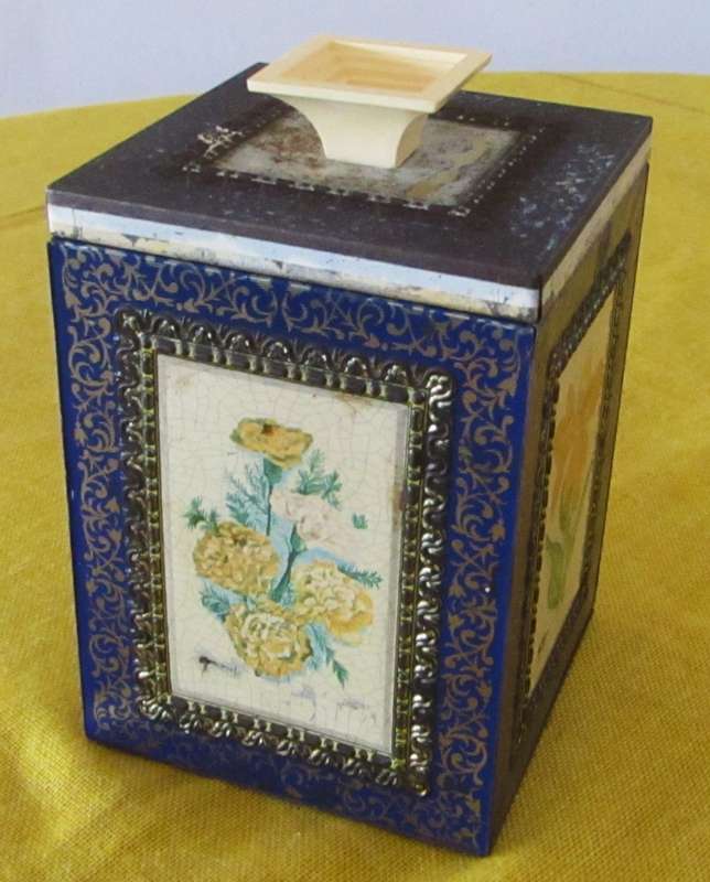 Antique, Cobalt Blue and Gold Tea Caddy Tin with Botanical Sketches