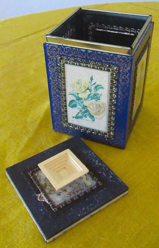 Antique, Cobalt Blue and Gold Tea Caddy Tin with Botanical Sketches
