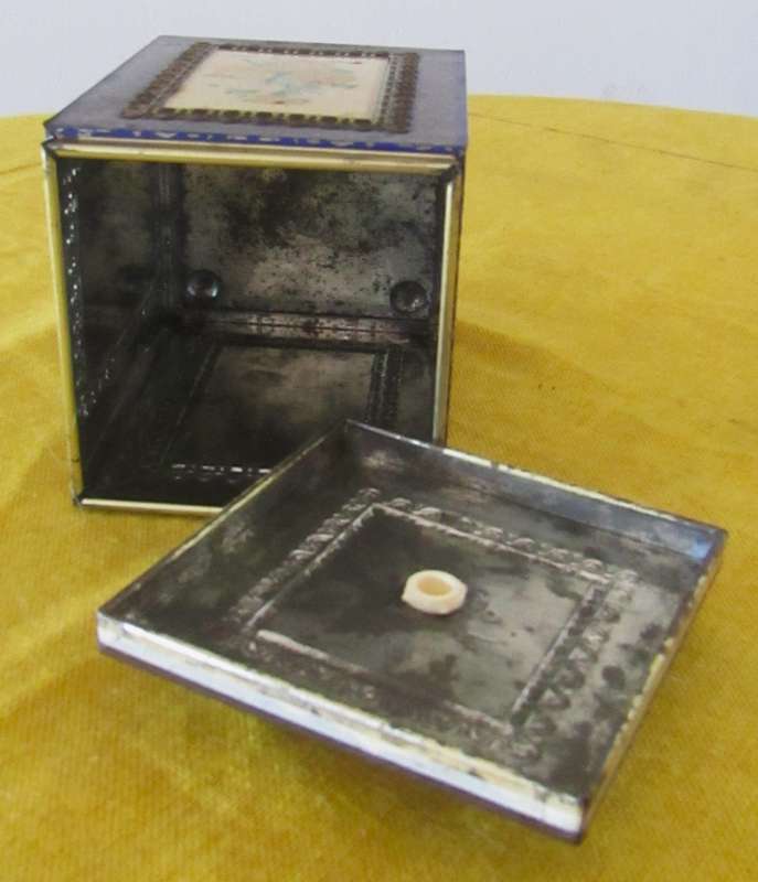 Antique, Cobalt Blue and Gold Tea Caddy Tin with Botanical Sketches