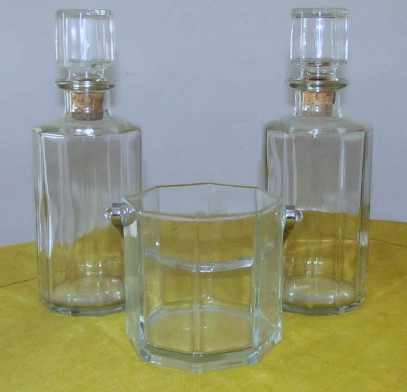 Pair of Vintage Bormioli Italian Faceted Decanters and Luminarc France Octime Ice Bucket
