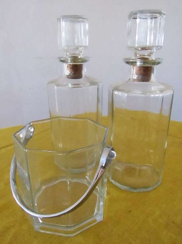 Pair of Vintage Bormioli Italian Faceted Decanters and Luminarc France Octime Ice Bucket