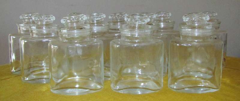 Set of 12 Antique Clear Glass Apothecary Jars with Glass Stoppers (Pre-1930)