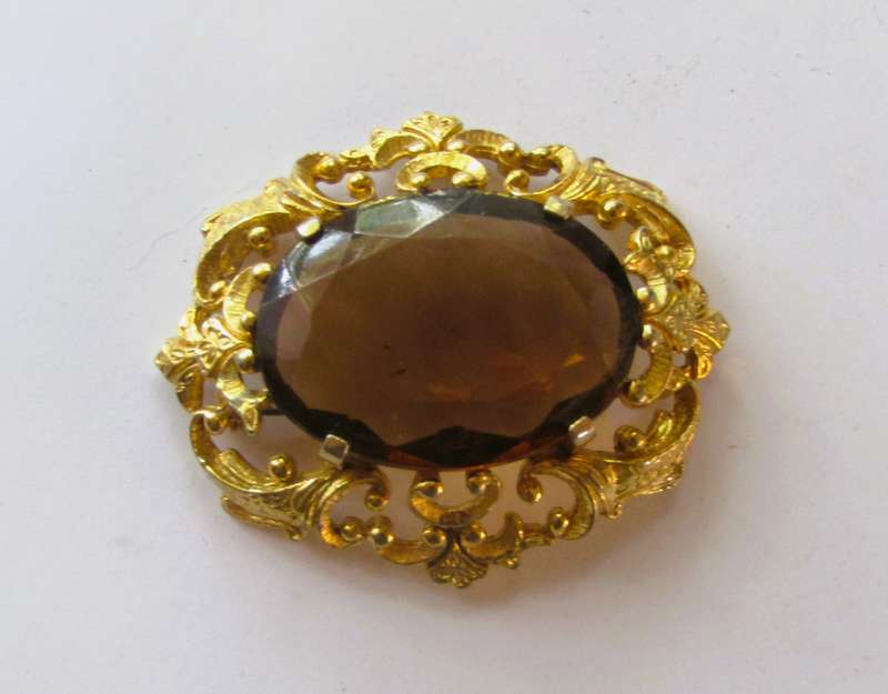 Vintage Art Nouveau Style Gold Tone Brooch Pin with Large Faceted Smoky Quartz Rhinestone by Sphinx