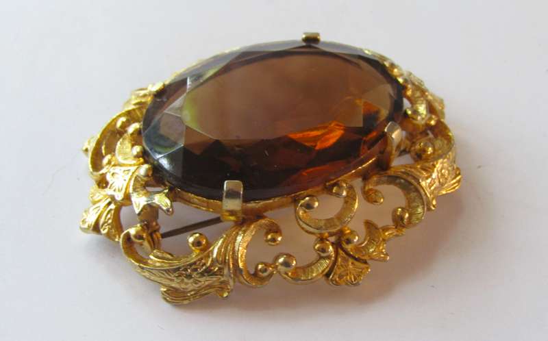 Vintage Art Nouveau Style Gold Tone Brooch Pin with Large Faceted Smoky Quartz Rhinestone by Sphinx