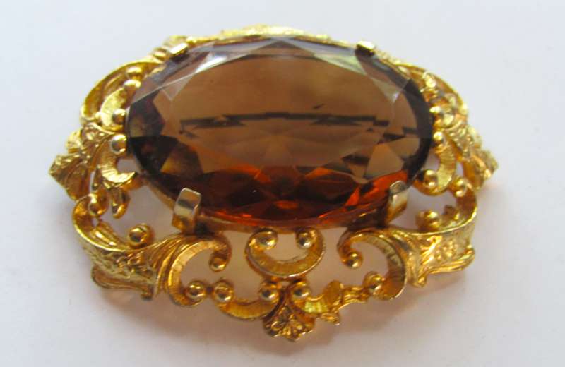 Vintage Art Nouveau Style Gold Tone Brooch Pin with Large Faceted Smoky Quartz Rhinestone by Sphinx