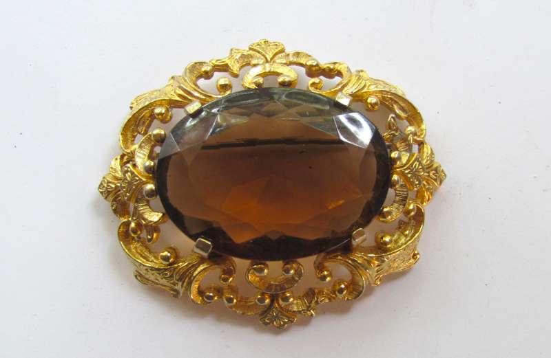 Vintage Art Nouveau Style Gold Tone Brooch Pin with Large Faceted Smoky Quartz Rhinestone by Sphinx