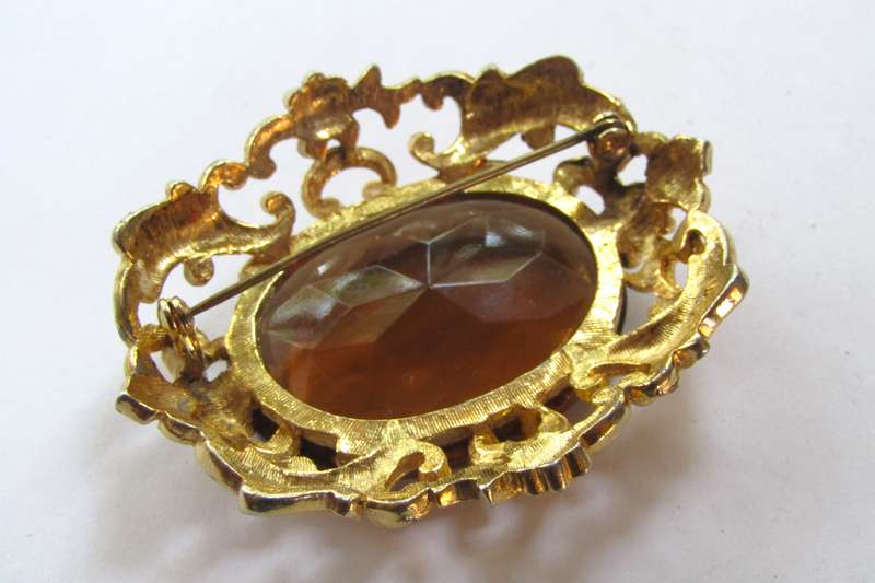 Vintage Art Nouveau Style Gold Tone Brooch Pin with Large Faceted Smoky Quartz Rhinestone by Sphinx