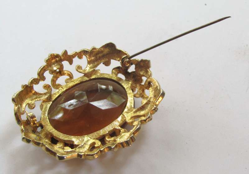 Vintage Art Nouveau Style Gold Tone Brooch Pin with Large Faceted Smoky Quartz Rhinestone by Sphinx