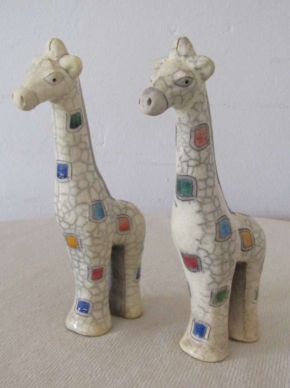 Collectible Pair of Large Raku Ceramic Giraffe Figurines by The Fenix Pottery (South Africa)