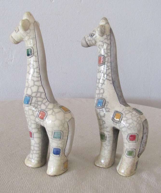 Collectible Pair of Large Raku Ceramic Giraffe Figurines by The Fenix Pottery (South Africa)