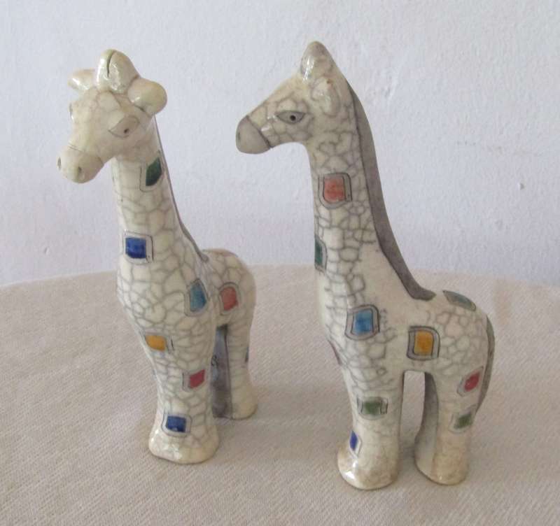 Collectible Pair of Large Raku Ceramic Giraffe Figurines by The Fenix Pottery (South Africa)