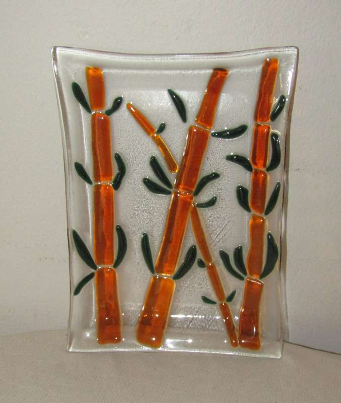 Collectible Studio Art Glass Fused Glass Plate/Platter  Oriental Bamboo Design
