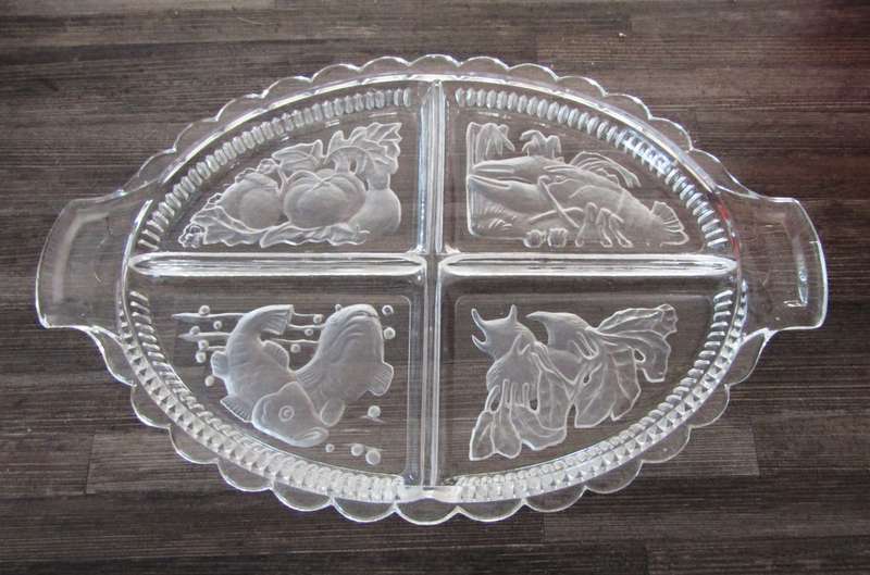 Vintage Intaglio Czech Clear and Frosted Glass Divided Serving Tray c.1950