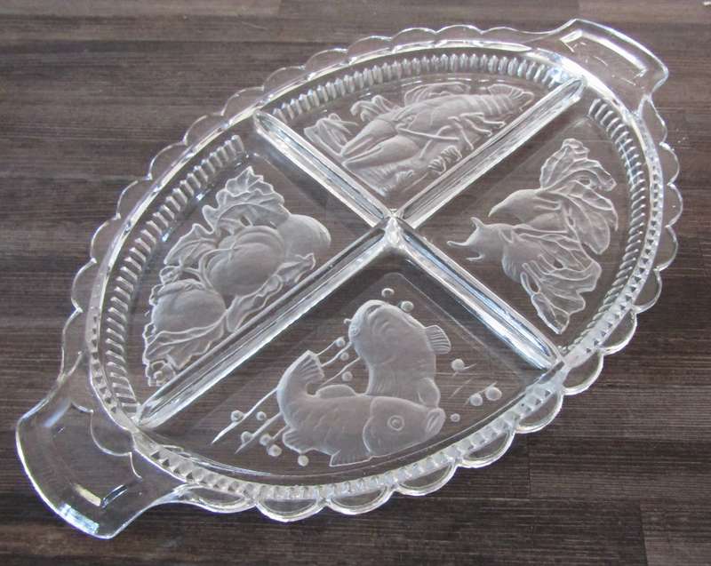 Vintage Intaglio Czech Clear and Frosted Glass Divided Serving Tray c.1950