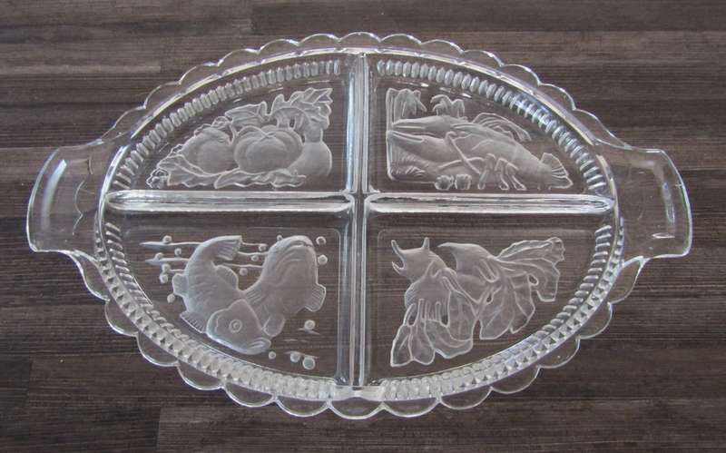 Vintage Intaglio Czech Clear and Frosted Glass Divided Serving Tray c.1950