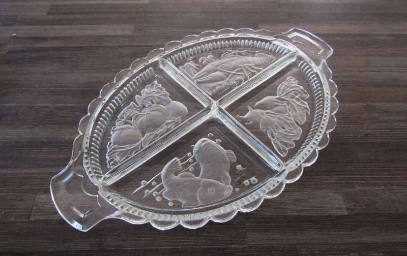Vintage Intaglio Czech Clear and Frosted Glass Divided Serving Tray c.1950