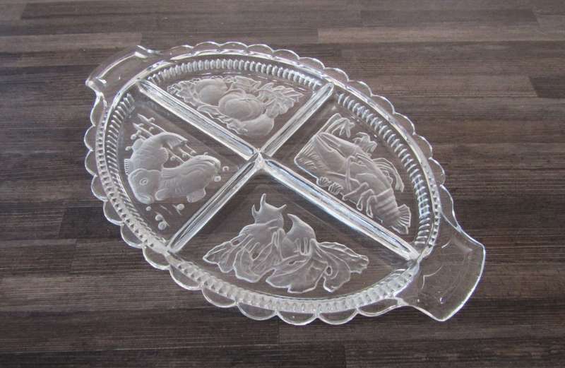 Vintage Intaglio Czech Clear and Frosted Glass Divided Serving Tray c.1950