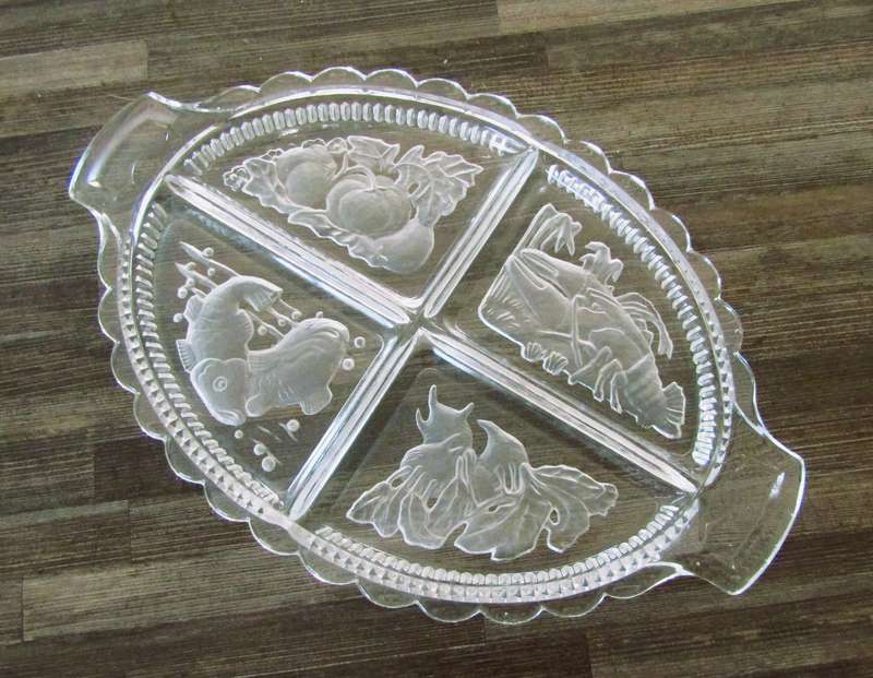 Vintage Intaglio Czech Clear and Frosted Glass Divided Serving Tray c.1950