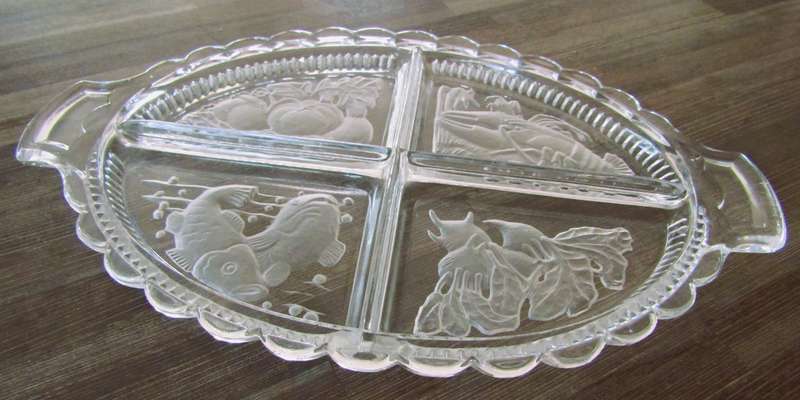 Vintage Intaglio Czech Clear and Frosted Glass Divided Serving Tray c.1950