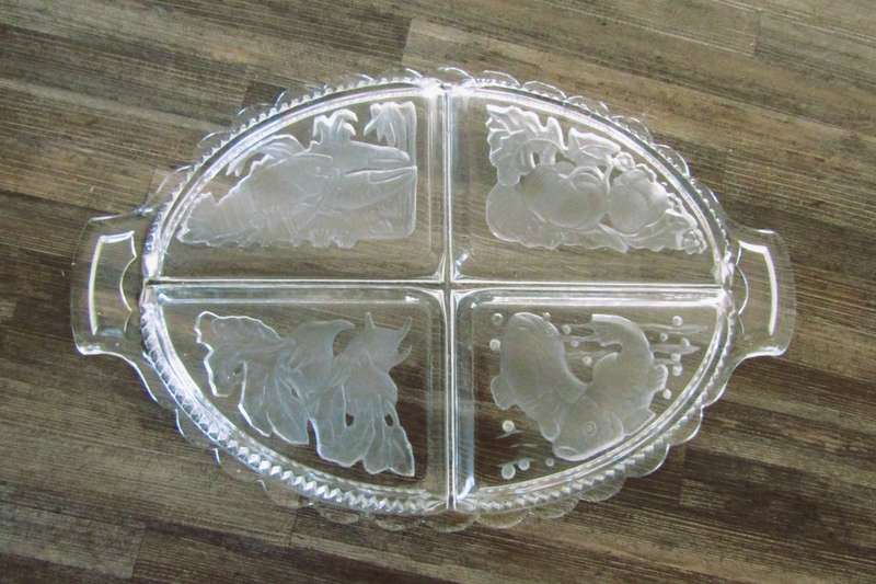 Vintage Intaglio Czech Clear and Frosted Glass Divided Serving Tray c.1950