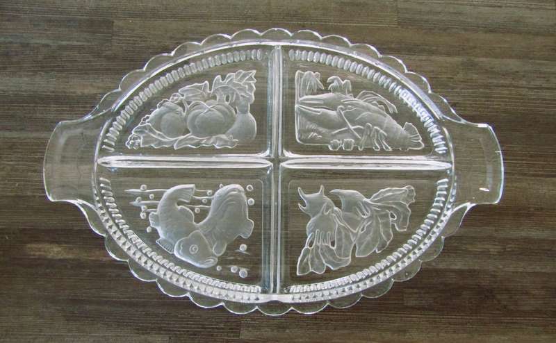 Vintage Intaglio Czech Clear and Frosted Glass Divided Serving Tray c.1950