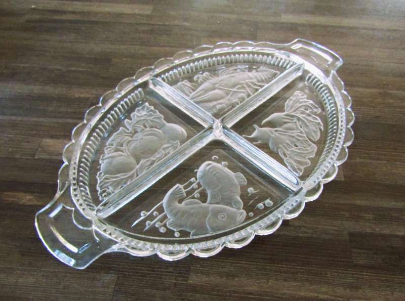 Vintage Intaglio Czech Clear and Frosted Glass Divided Serving Tray c.1950