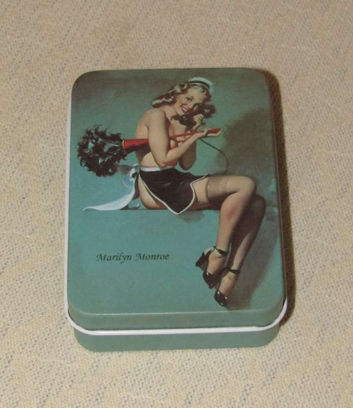 Contemporary Collectible Small Turquoise Storage Tin Featuring Marilyn Monroe - Pin-Up Style