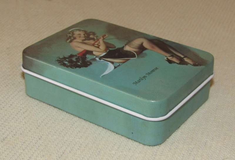 Contemporary Collectible Small Turquoise Storage Tin Featuring Marilyn Monroe - Pin-Up Style