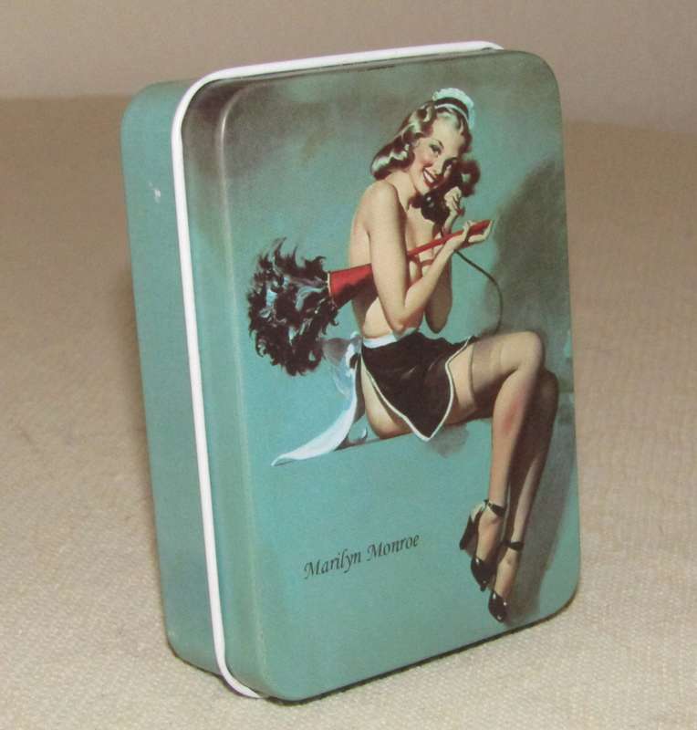 Contemporary Collectible Small Turquoise Storage Tin Featuring Marilyn Monroe - Pin-Up Style