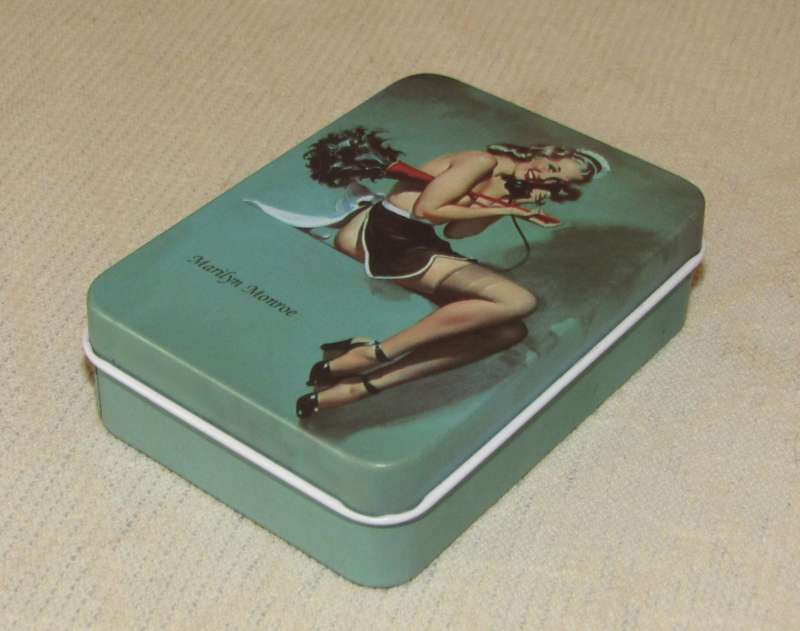 Contemporary Collectible Small Turquoise Storage Tin Featuring Marilyn Monroe - Pin-Up Style