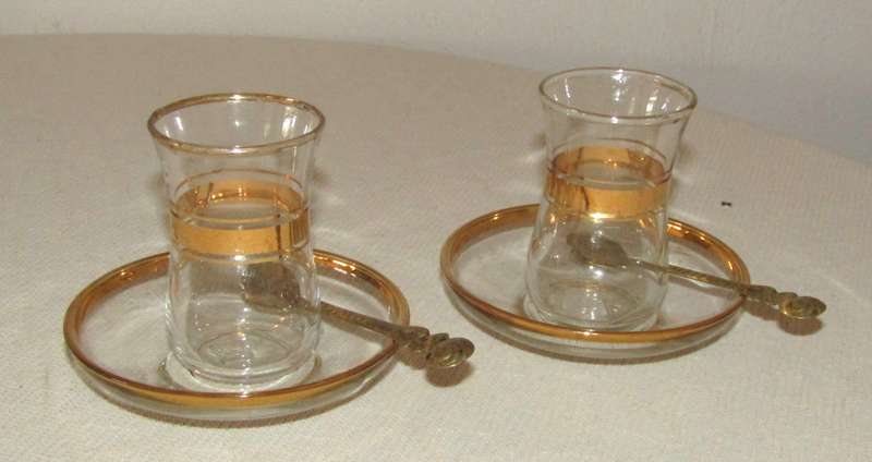 Pair of Vintage Pasabahce Istanbul Turkey Gold Trimmed Tea Cups with Saucers and Gilt Spoons