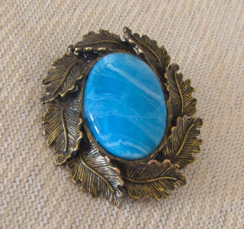 Vintage Antique Bronze Tone Oval Brooch Pin with Simulated Cabochon Blue Agate